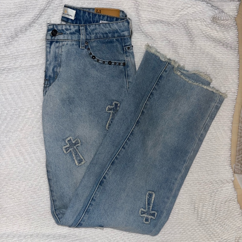 Blue Straight Leg Women's Jeans with crosses